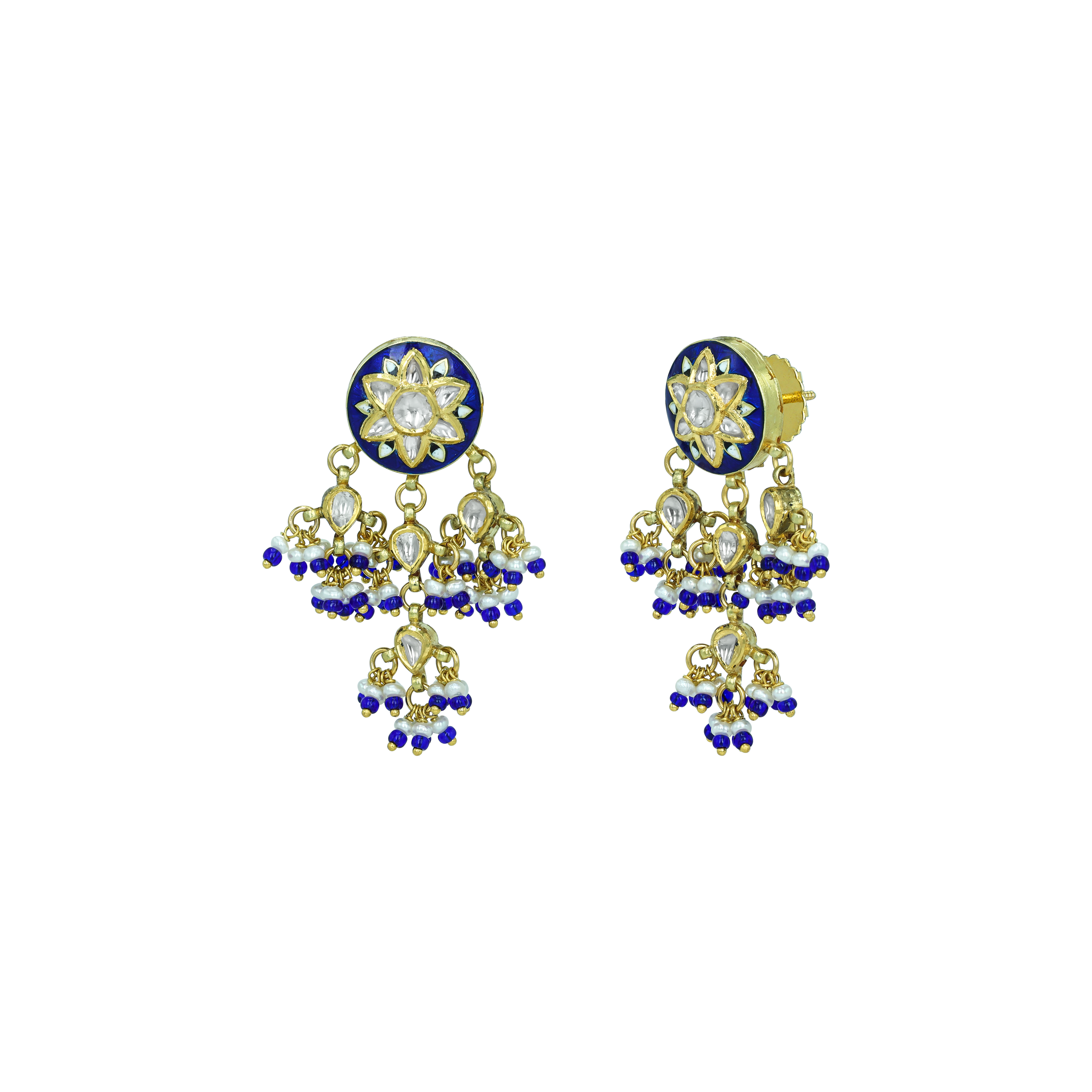 Floral Motif Earrings with Blue Enamel and Cascading Beads